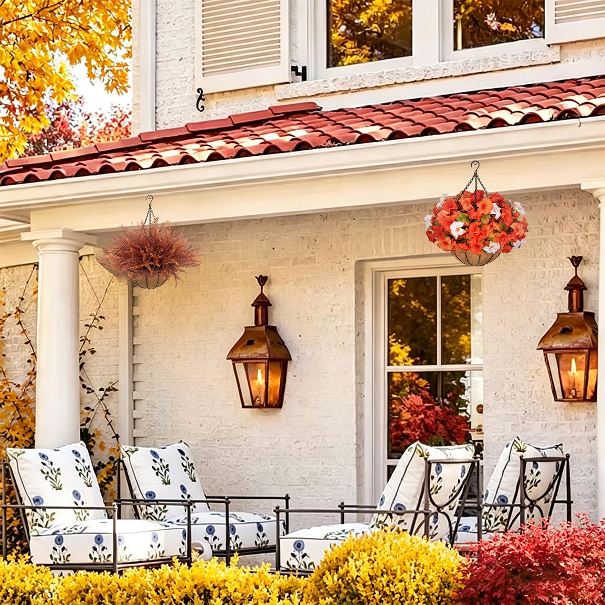 🌻 Artificial Hanging Flower Baskets (2 Pack), UV Resistant Fall Decor