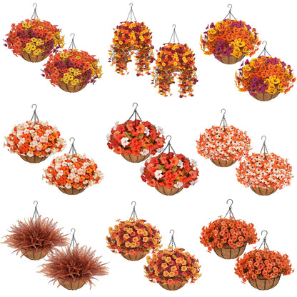 🌻 Artificial Hanging Flower Baskets (2 Pack), UV Resistant Fall Decor