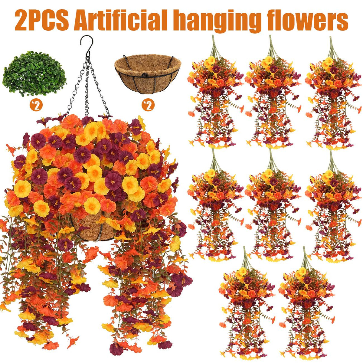 🌻 Artificial Hanging Flower Baskets (2 Pack), UV Resistant Fall Decor