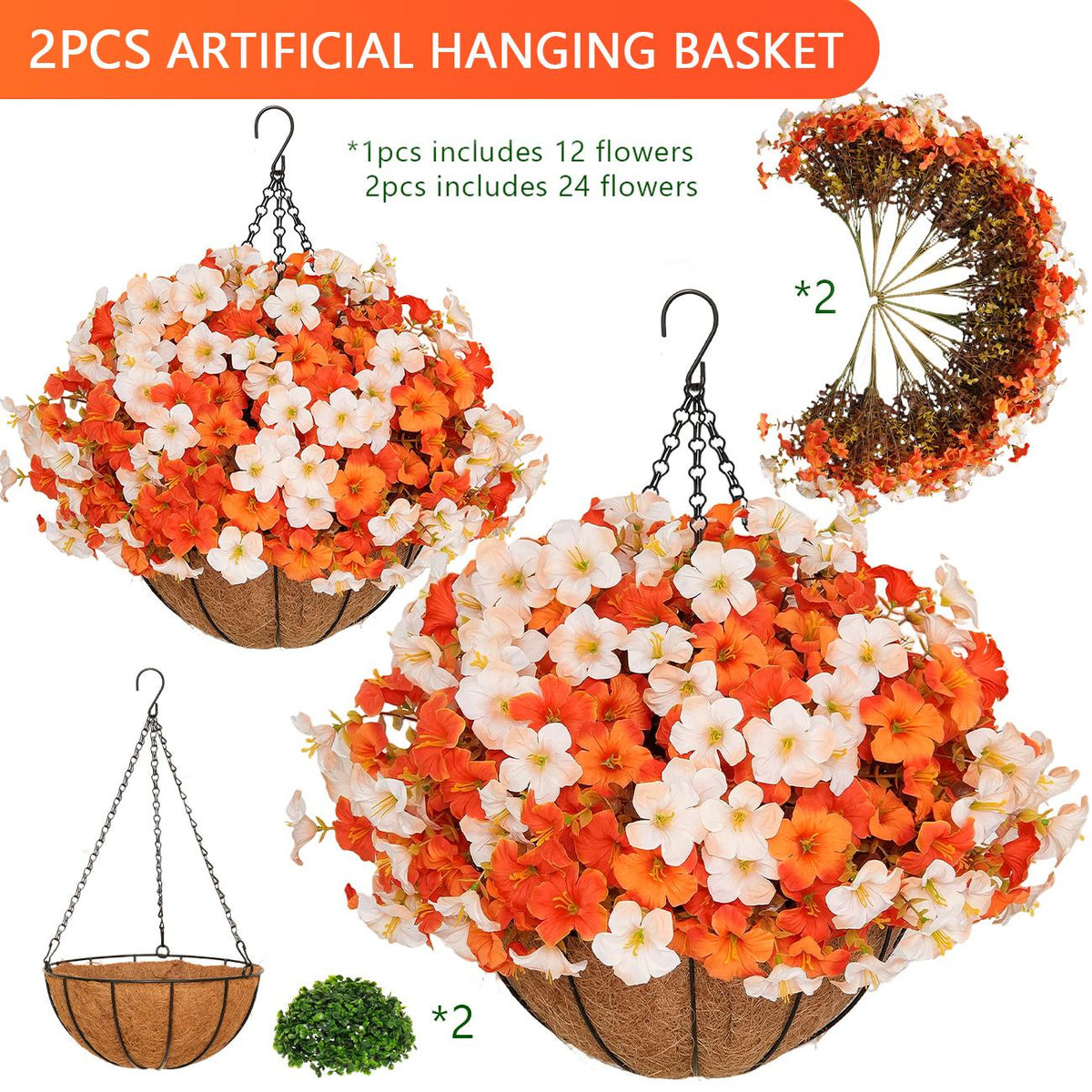 🌻 Artificial Hanging Flower Baskets (2 Pack), UV Resistant Fall Decor