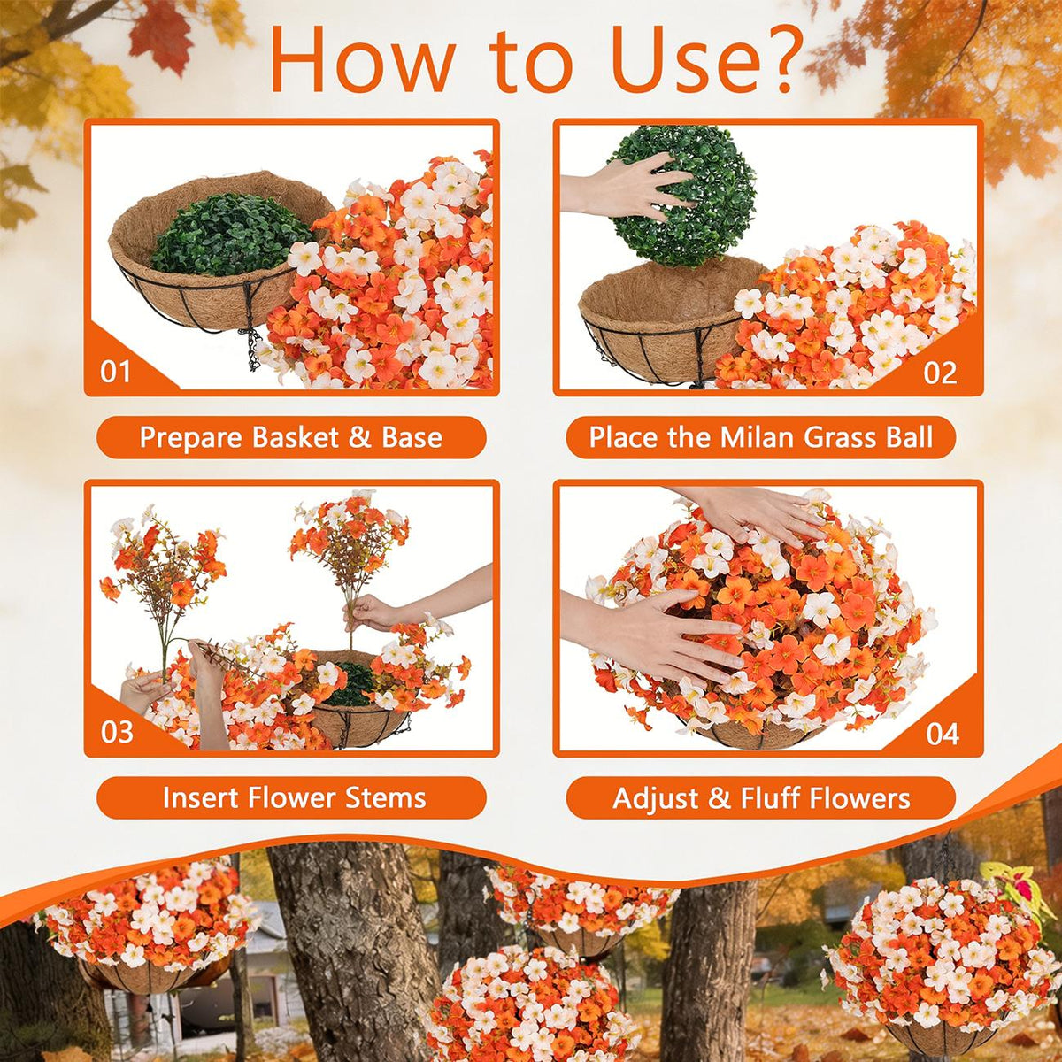 🌻 Artificial Hanging Flower Baskets (2 Pack), UV Resistant Fall Decor