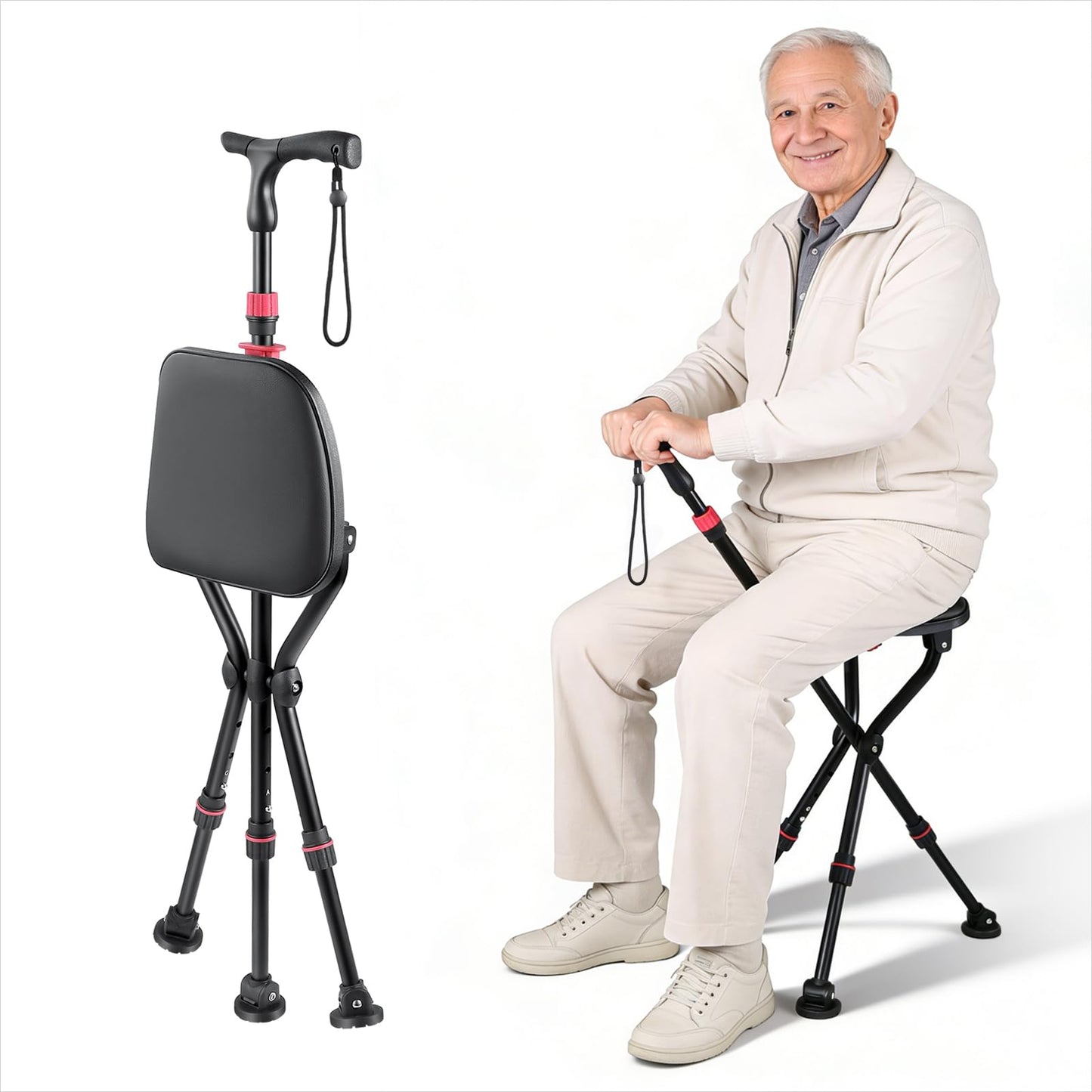 2-in-1 Folding Walking Cane with Seat