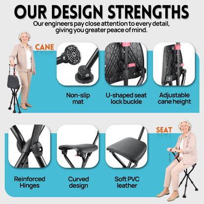2-in-1 Folding Walking Cane with Seat