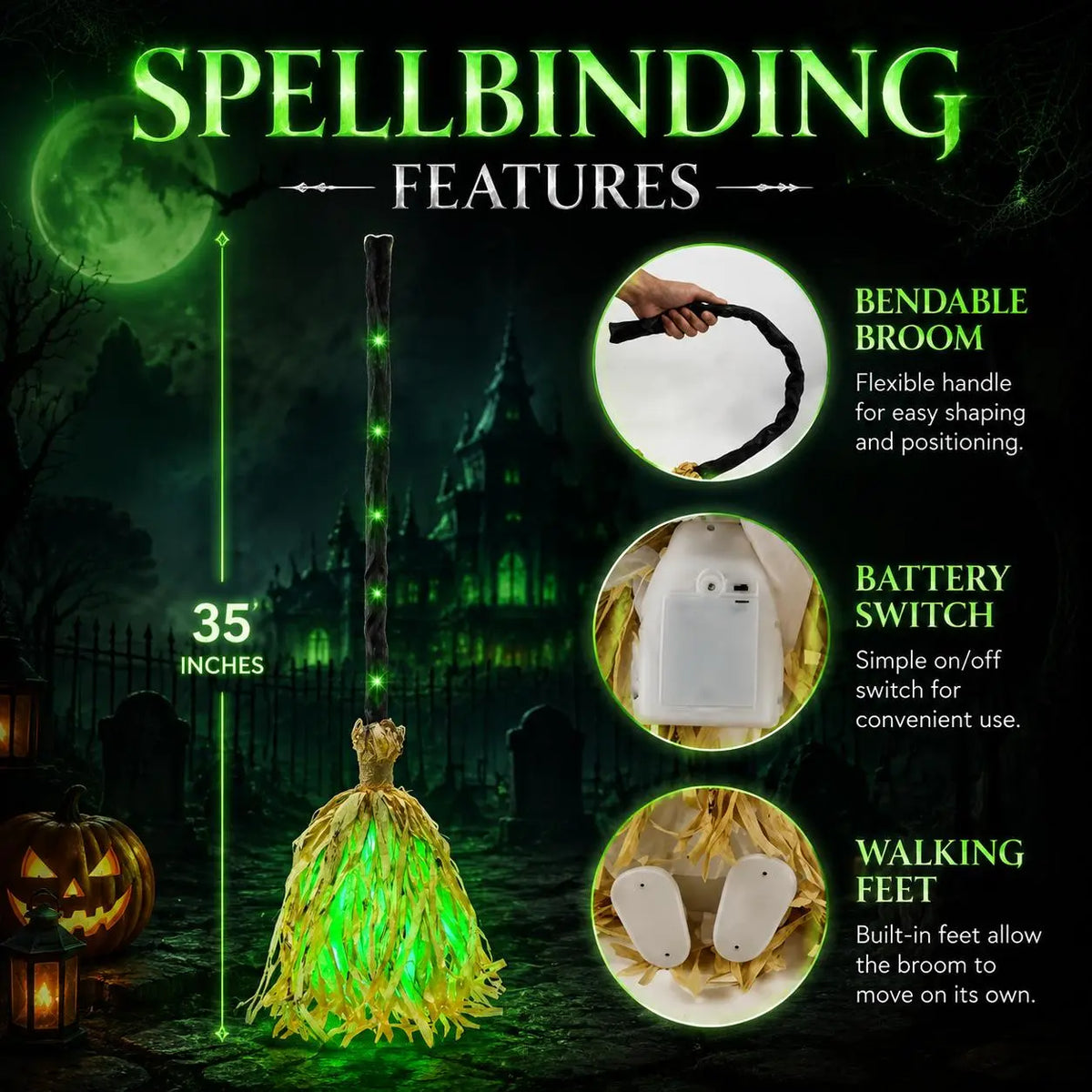 🎃 35" Animated Witches Broom — Friendly Halloween Decor with Lights &Sound