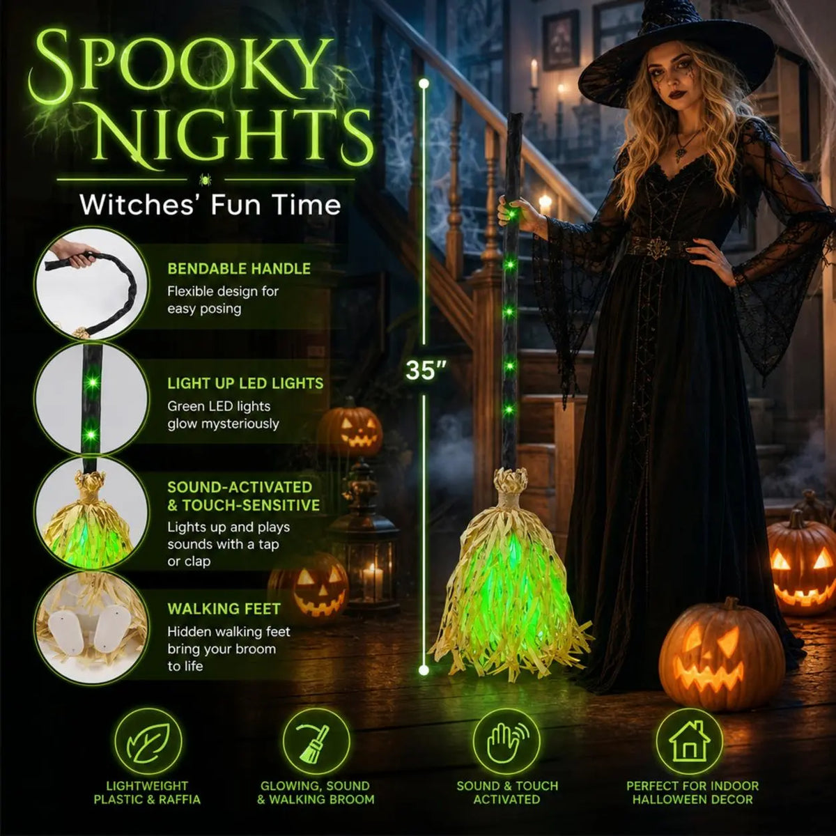 🎃 35" Animated Witches Broom — Friendly Halloween Decor with Lights &Sound
