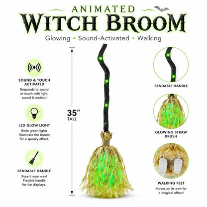 🎃 35" Animated Witches Broom — Friendly Halloween Decor with Lights &Sound