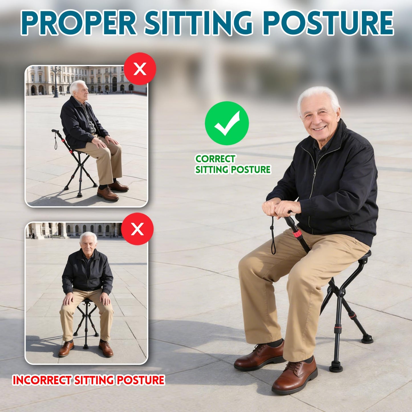 2-in-1 Folding Walking Cane with Seat