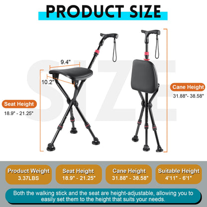 2-in-1 Folding Walking Cane with Seat