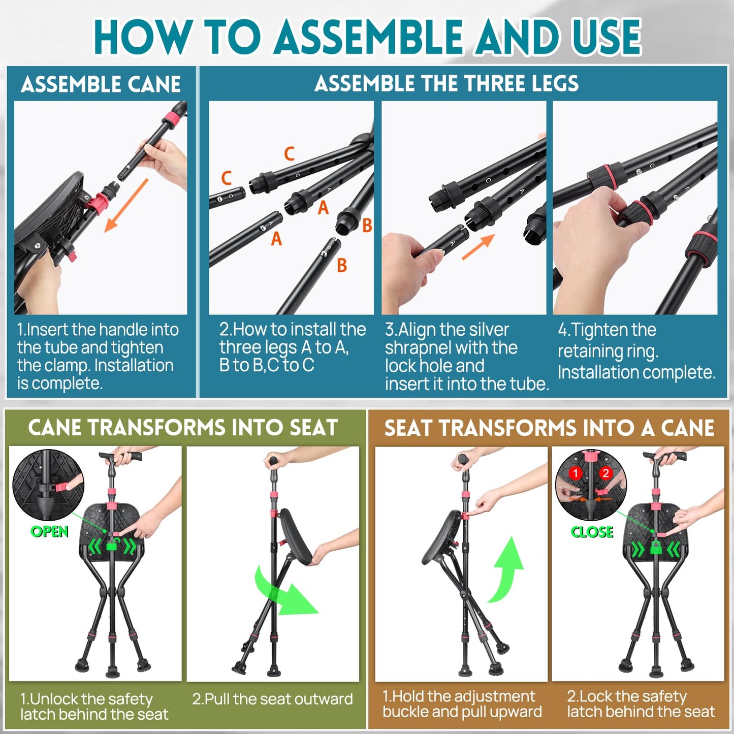 2-in-1 Folding Walking Cane with Seat