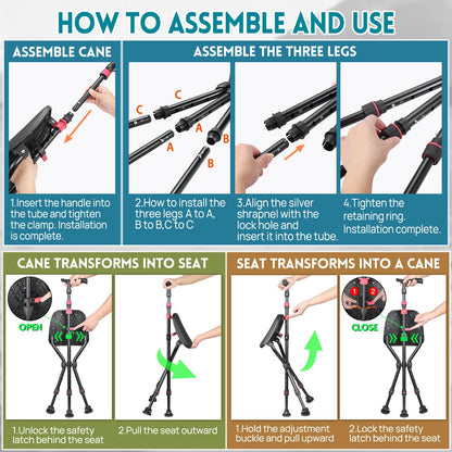 2-in-1 Folding Walking Cane with Seat